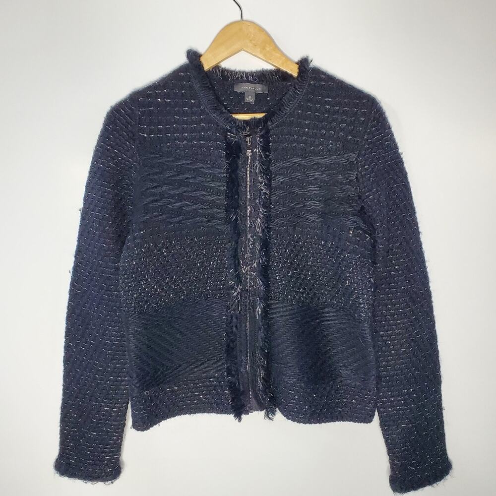 Ann Taylor Black Knit Silver metallic and black Sweater Jacket /blazer Size M